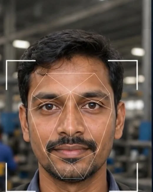The Lens camera with the recognition mesh over a worker’s face